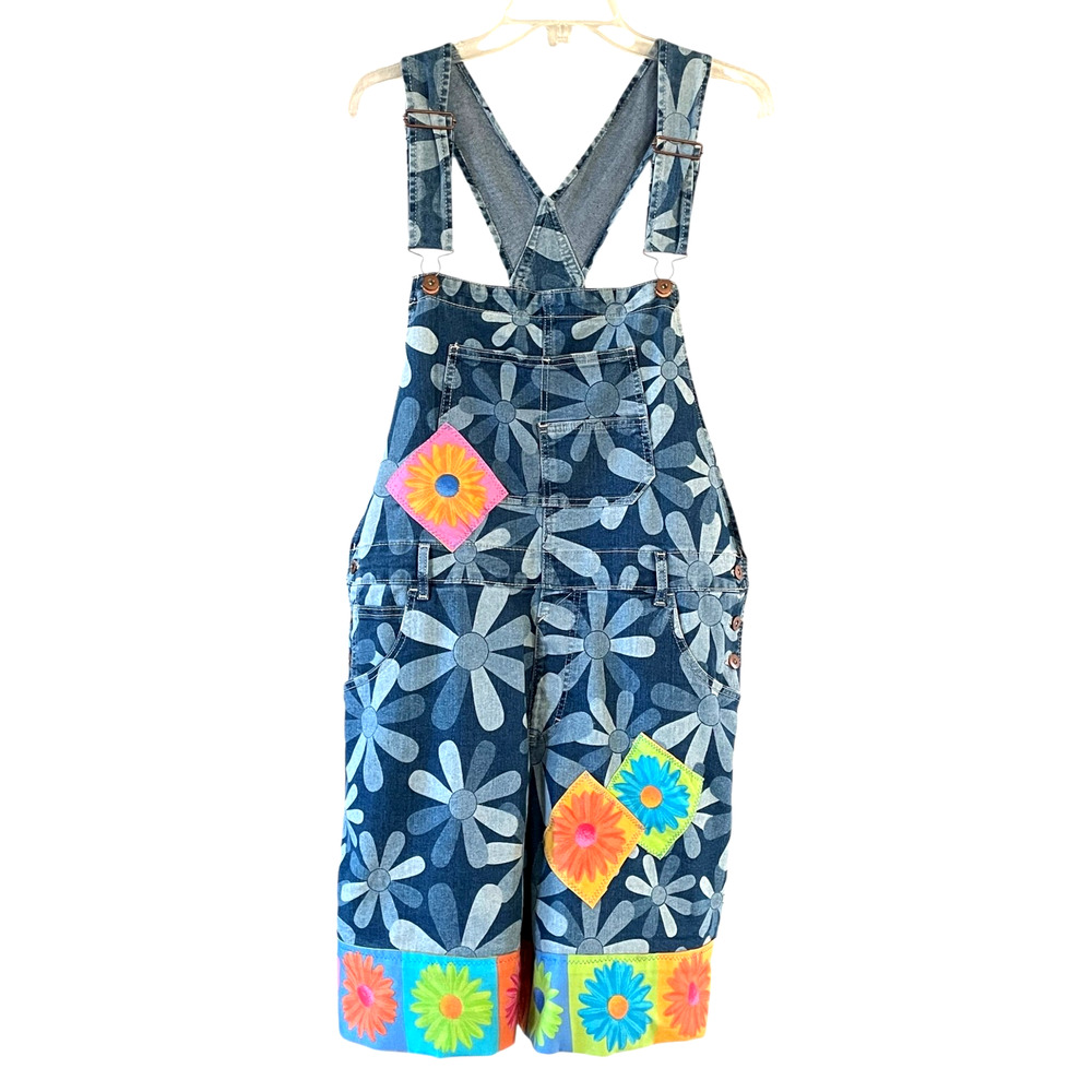 NO BOUNDARIES Junior Size 19 XXL Multicolor Daisy Blue Denim Bib Overalls Shorts